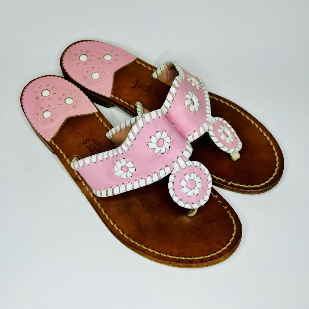 Jack Rogers Women’s Pink White Leather Jacks Flat Sandals Size 7